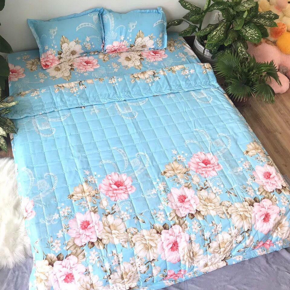 Sét Chăn Ga Gối 5 Món Cotton Poly Emmidecor Mẫu Hoa Xanh