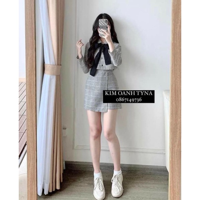 Set váy dạ kẻ kèm nơ