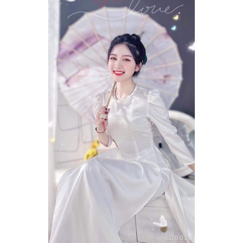 Sale_áo dài chụp kỷ yếu màu trắng_Áo dài tay lỡ bồng vai 2 tà