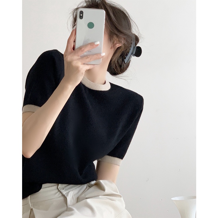 Porozi  Áo thun dệt kim  tay ngắn cổ tròn màu sắc tương phản phong cách Hàn Quốc cho nữ 3 màu tùy chọn