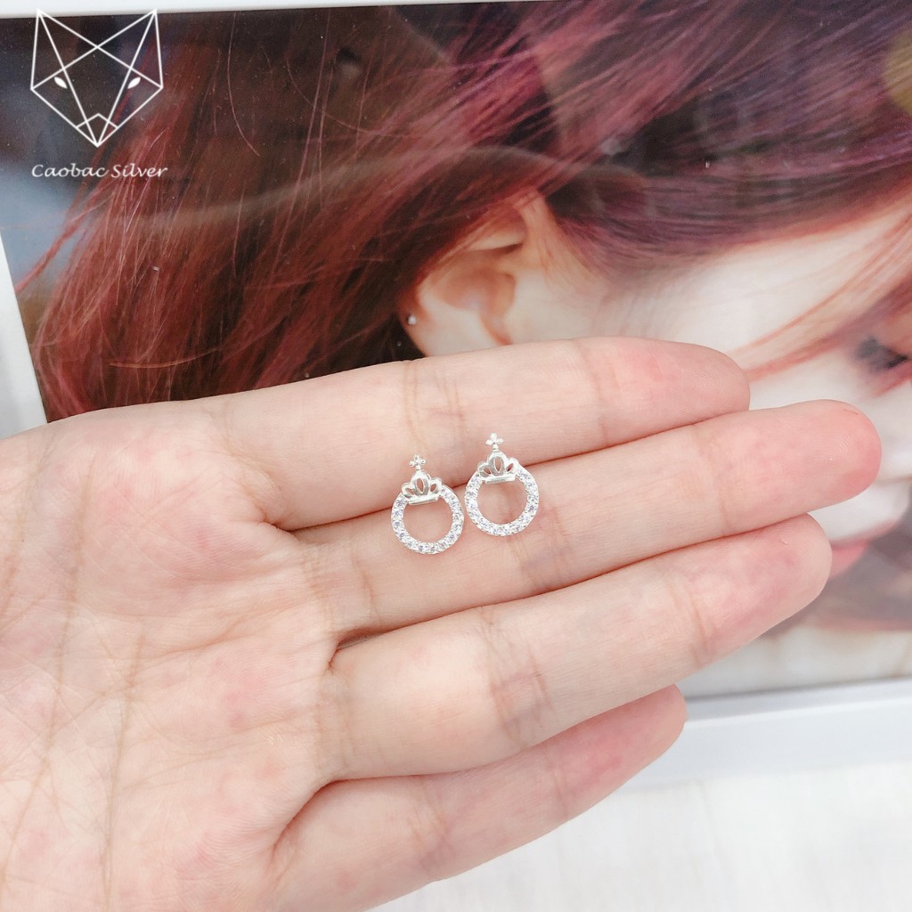 Bông Tai Bạc Nữ CaoBac Silver Hoạ Tiết Tròn Rỗng Đỉnh Hình Vương Miện Xinh Xắn Cho Nữ