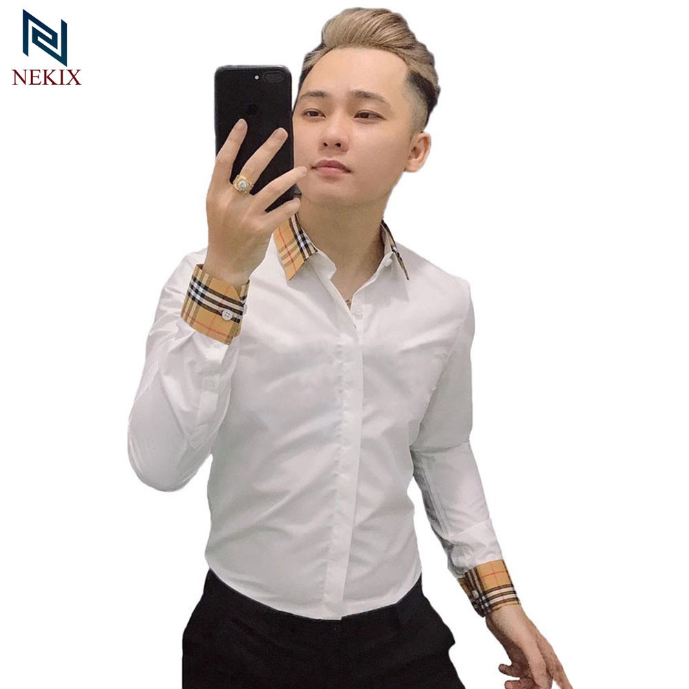 Áo Sơ Mi Nam Dài Tay Trắng Phối Kẻ Cổ Kẻ Tay Vải Lụa Trơn Form Body 1