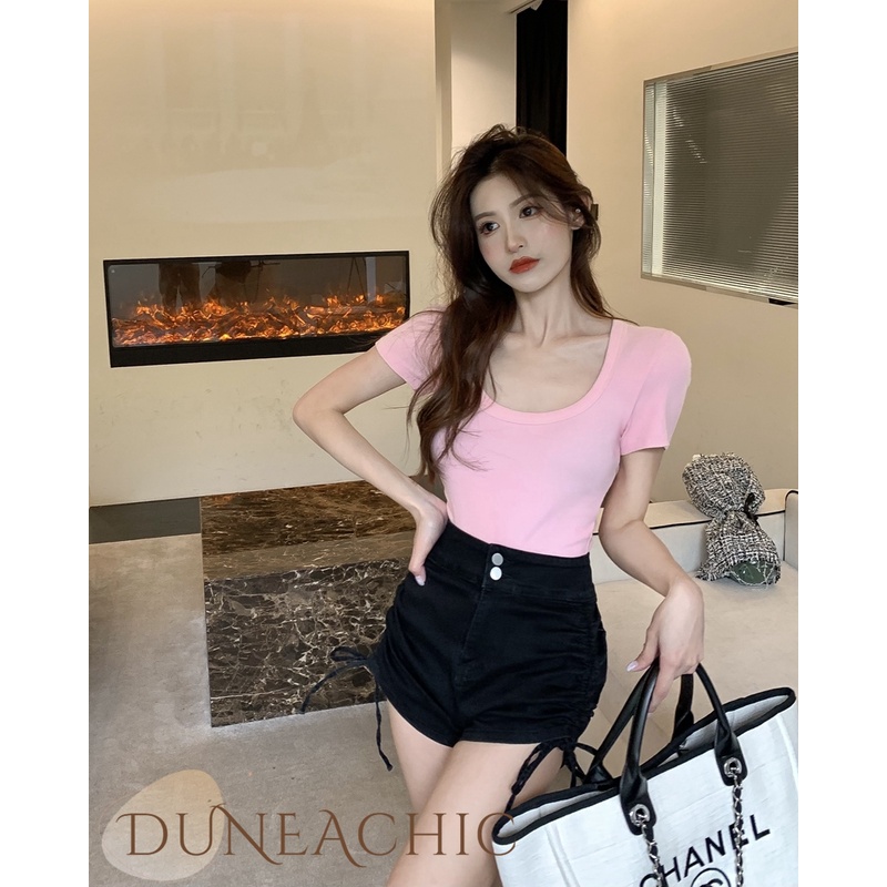 DUNEA Áo Thun Ngắn Tay Cổ Chữ U Thiết Kế Đơn Giản Quyến Rũ Cho Nữ