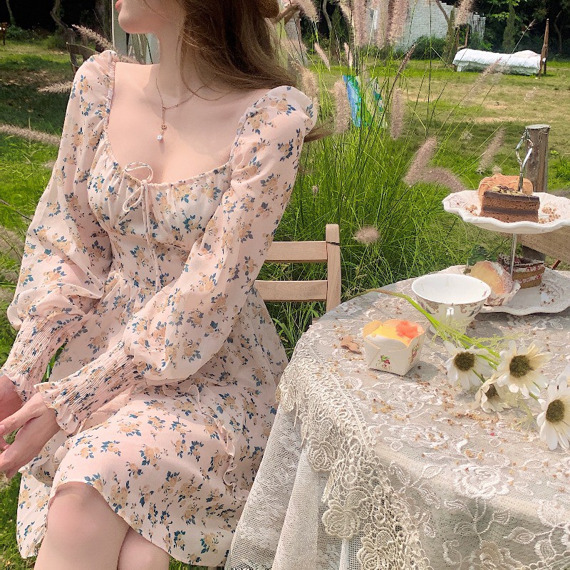 (Order 15 ngày) Đầm voan hoa dáng ngắn dễ thương tay dài Quảng Châu