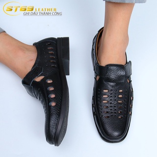 Giày lười rọ nam trung niên st69 da bò 100% đục lỗ thoáng khí đế cao su đúc 3cm - g003