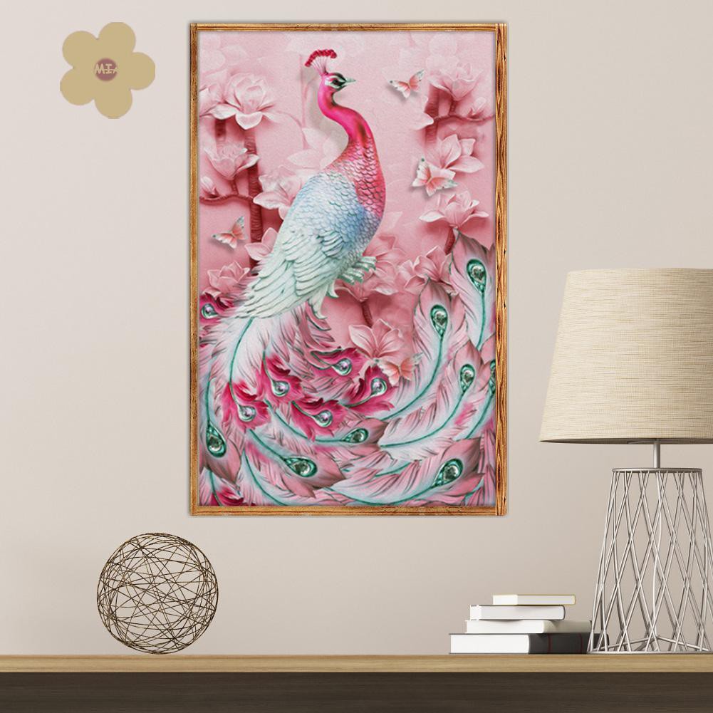 Tranh đính đá 5D họa tiết chim công màu hồng độc đáo DIY dùng trang trí nhà cửa