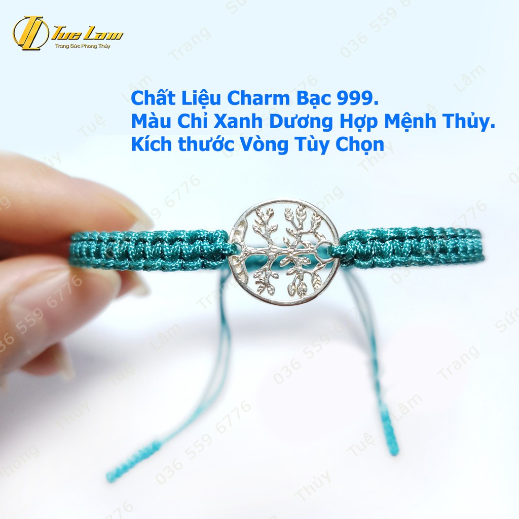 Vòng tay chỉ may mắn màu xanh bện handmade charm bạc hình cây bình an - Tuệ Lâm