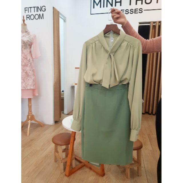 set áo sơ mi và chân váy công sở - ảnh thật