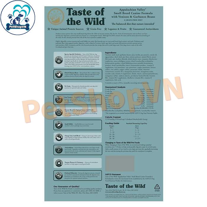 Thức Ăn Cho Chó Cỡ Nhỏ Hạt TASTE OF THE WILD APPALACHIAN VALLEY SMALL BREED Bao 12Kg Vị Nai & Đậu Garbanzo