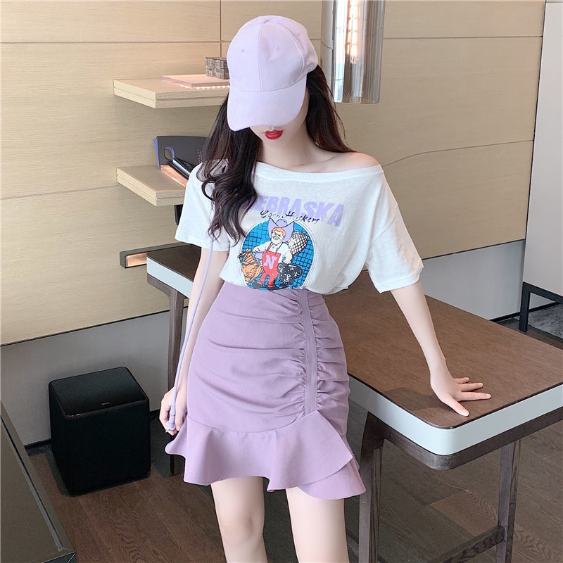 Jiashucheng Set Áo Thun Ngắn Tay + Chân Váy Ôm Phong Cách Hàn Quốc Thời Trang Cho Nữ