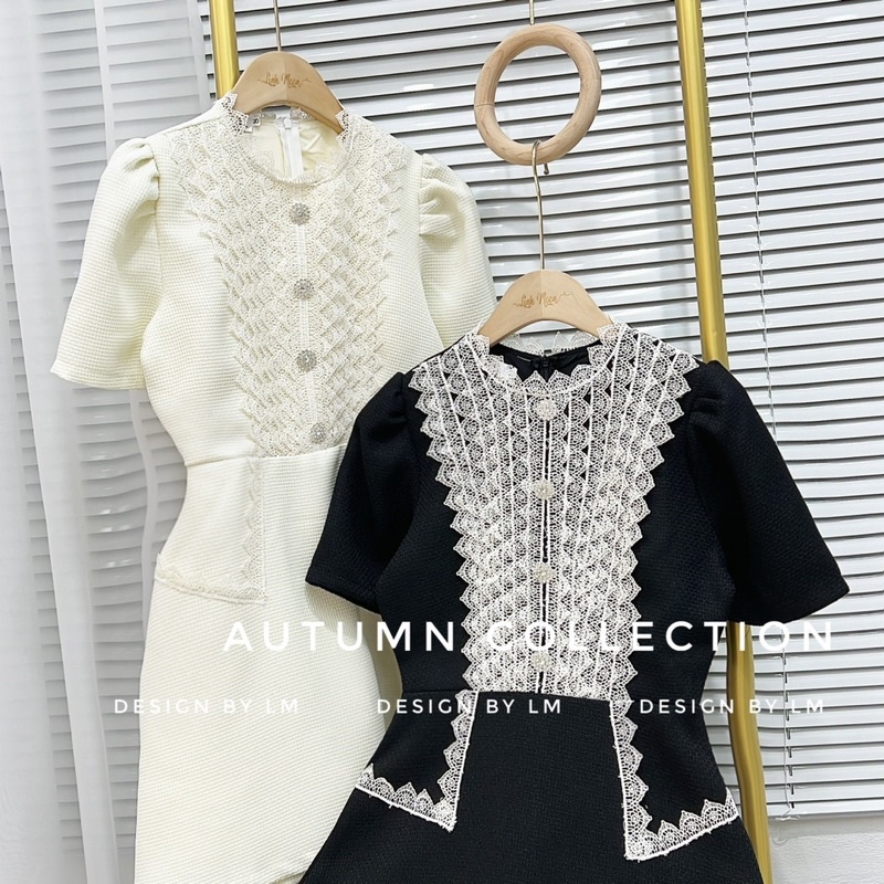 Váy dạ tweed phối ren cổ