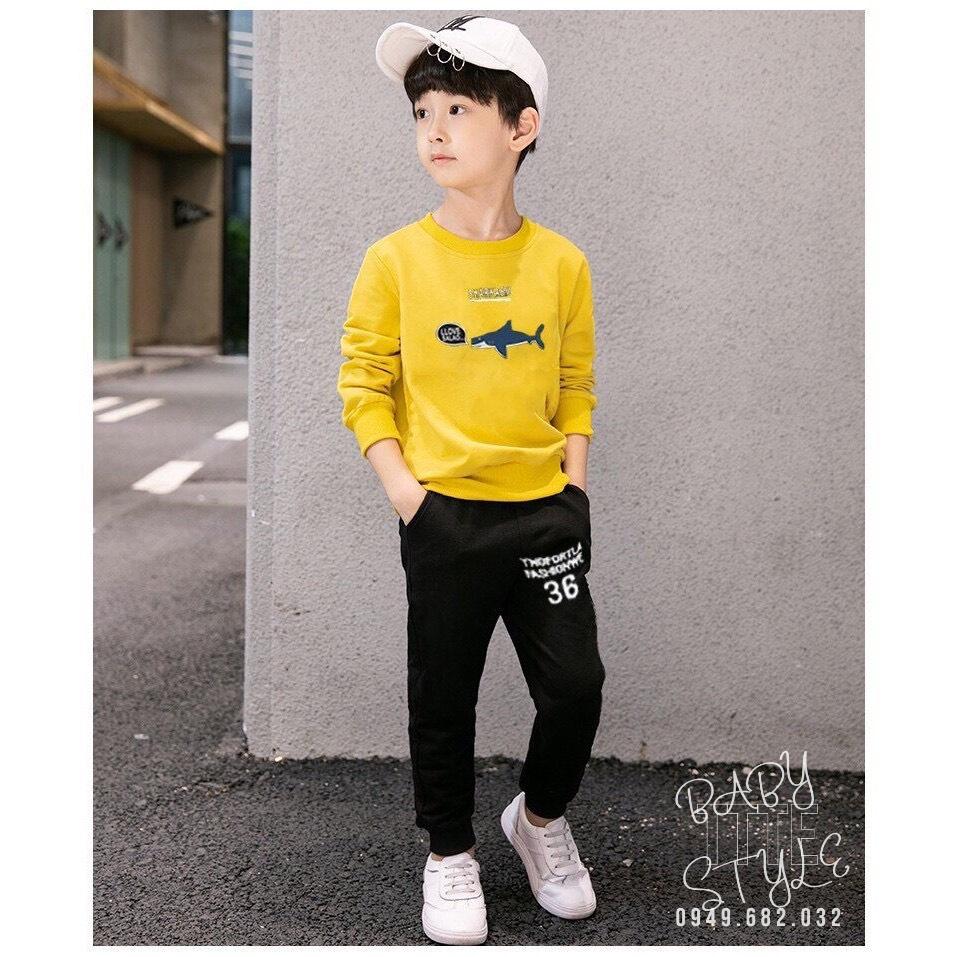 Bộ quần áo thu đông "CCÁ MẬPP" 14-48kg cho bé trai 4-14 tuổi. Dày dặn, ấm áp. Hàng may kỹ, form đẹp. B25 B26