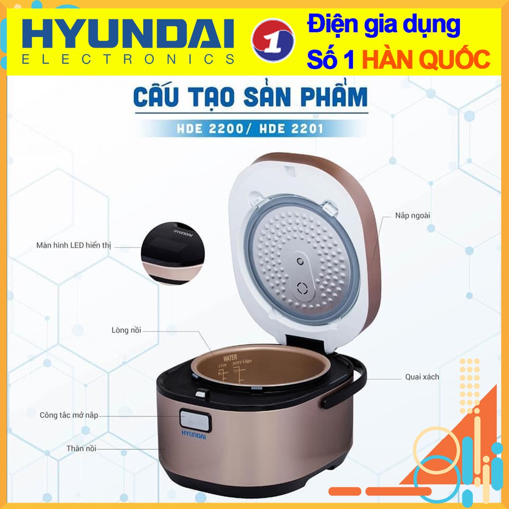 Nồi Cơm Điện Cao Tần  Hyundai Hàn Quốc 1300W HDE2200 1.5L - HDE2201 1.8L Công Nghệ Nấu 4D Whitford