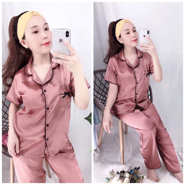 đồ bộ pijama phi lụa mặc nhà dài cộc nơ