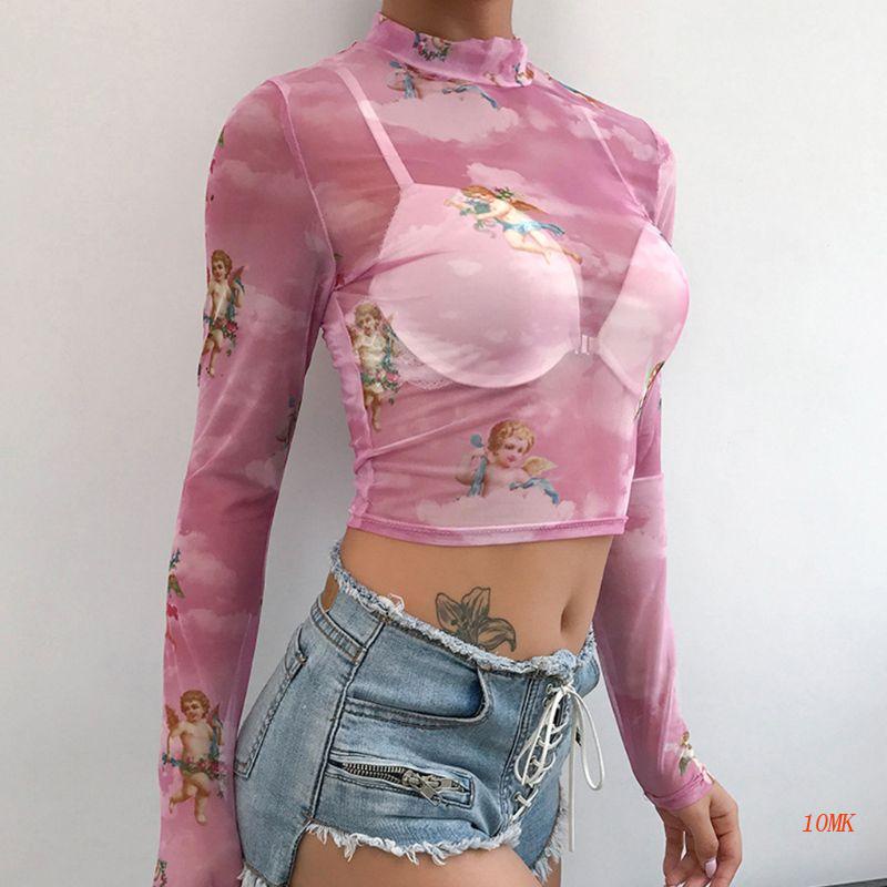 Áo Thun Crop Top Tay Dài Cổ Cao Xuyên Thấu 10MK In Hình Thiên Thần Tình Yêu Màu Sắc Ngọt Ngào Lãng Mạn Cho Nữ Gif