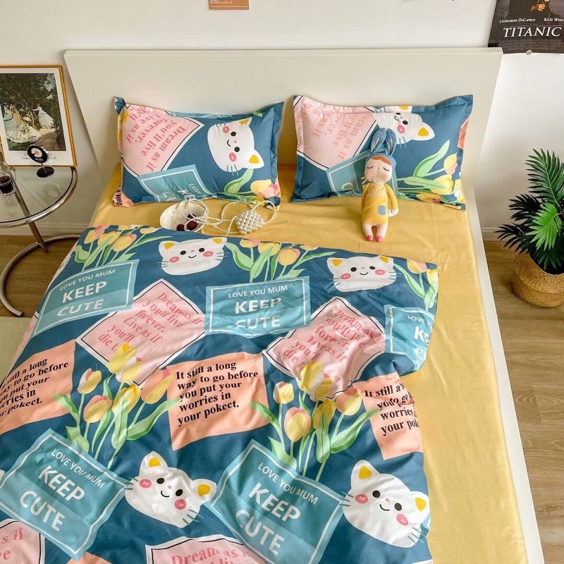 Bộ chăn ga gối cotton poly - Mẫu mèo xanh cute