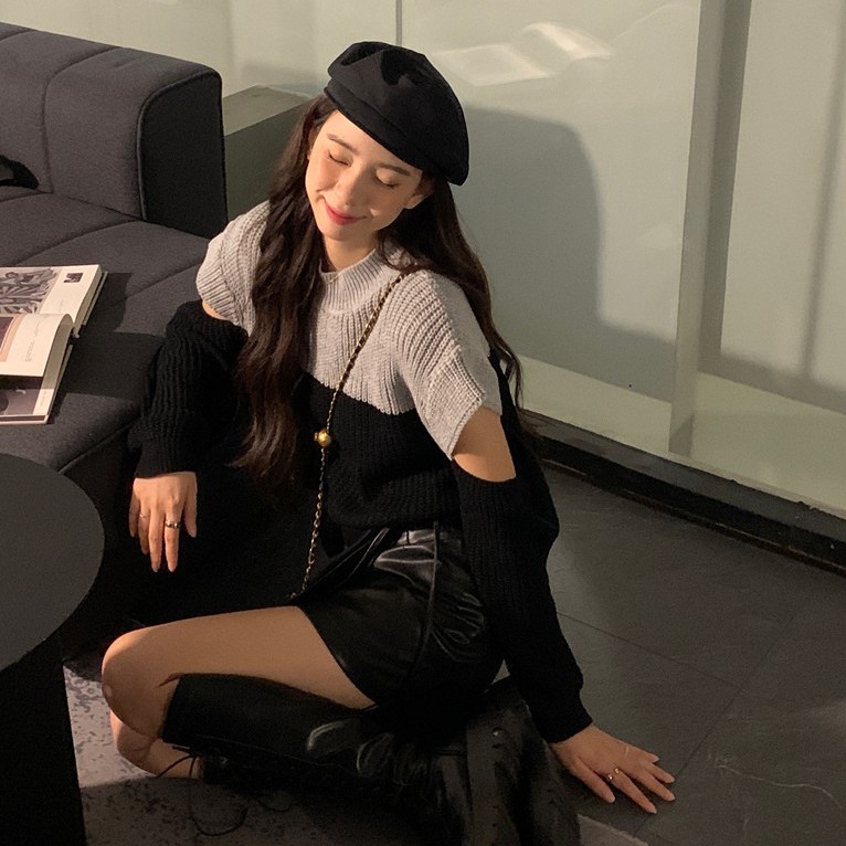 Áo Sweater Dáng Ngắn Hở Vai Kiểu Retro Hồng Kông Thời Trang Dễ Phối Đồ