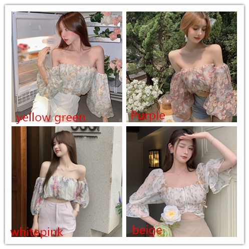 Áo kiểu croptop vải voan tay phồng cổ vuông in hoa xinh xắn cho nữ
