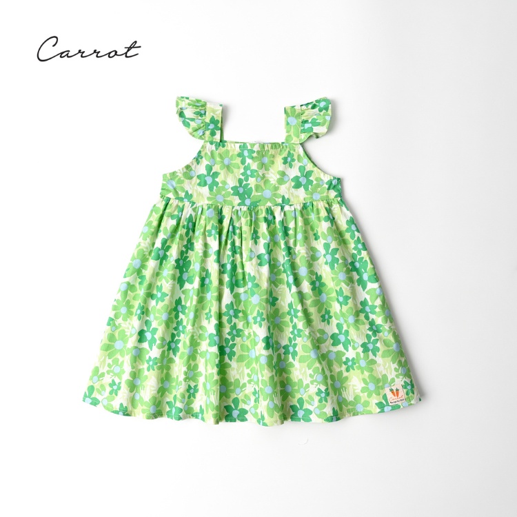 Váy Bé Gái Carrot 2 Dây Cánh Tiên, Họa Tiết Hoa Xanh, Chất Thô Cotton Thoáng Mát Thấm Hút Mồ Hôi