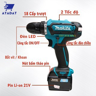 [FreeShip] MÁY Khoan Pin MAKITA 21V (khoan, bắt vít ) - TẶNG 1 mũi khoan , Pin Vuông, 100% Đồng - Máy Bắt Vít 21V