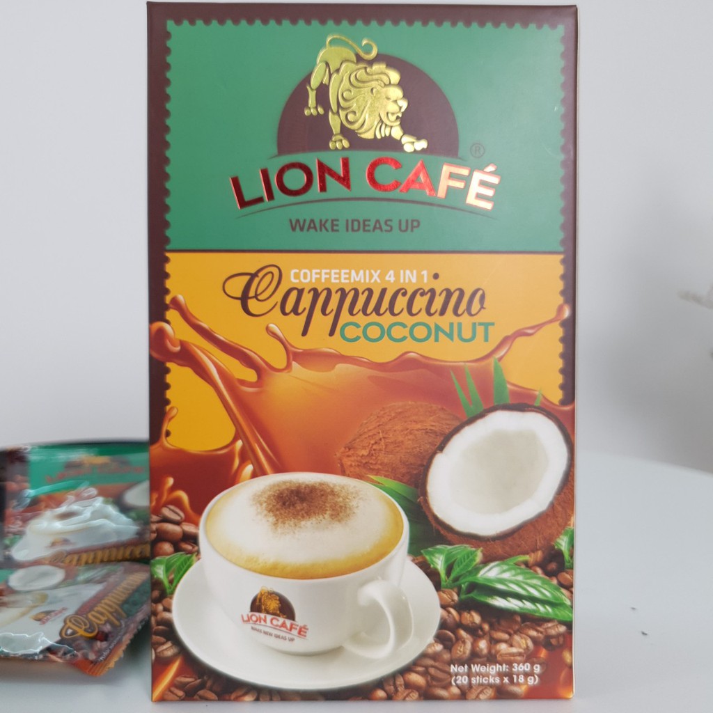 Cafe Hoà Tan Lion 4in1 Capuccino Vị Dừa 360gr ( 20 que * 18g ) Ngon như pha phin Đậm vị Cà phê sạch nguyên chất | BigBuy360 - bigbuy360.vn
