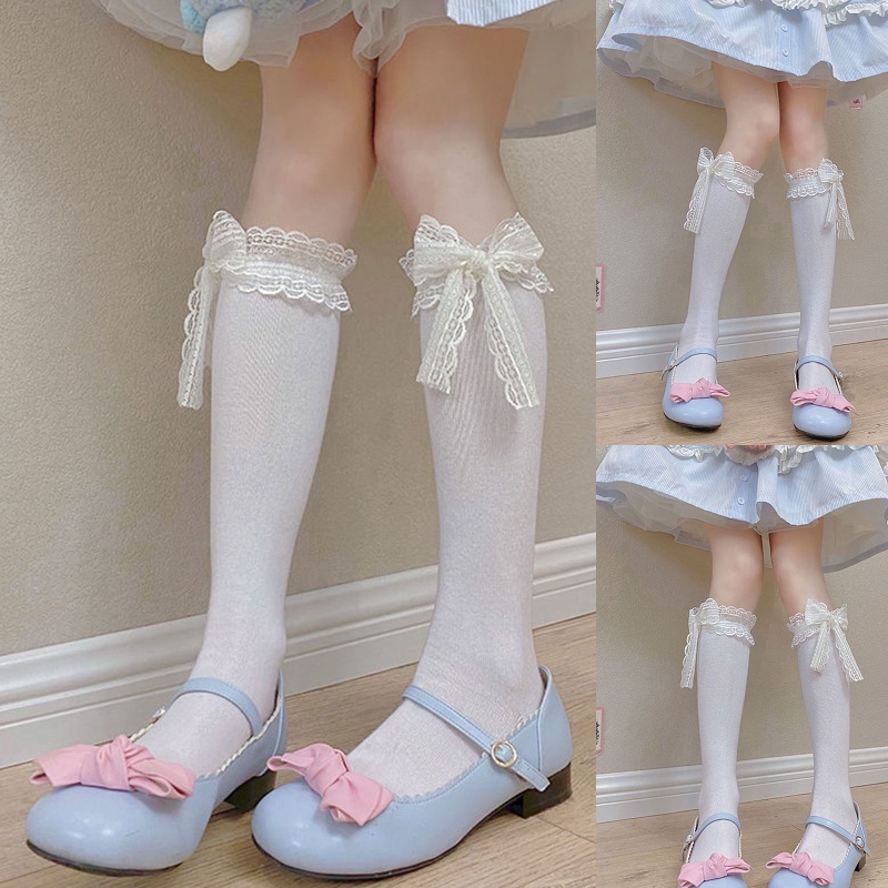 Xiangbao Vớ Cao Đến Đầu Gối Phối Ren Ruy Băng Nơ Ruy Băng Ngọt Ngào Hóa Trang Lolita Cho Nữ