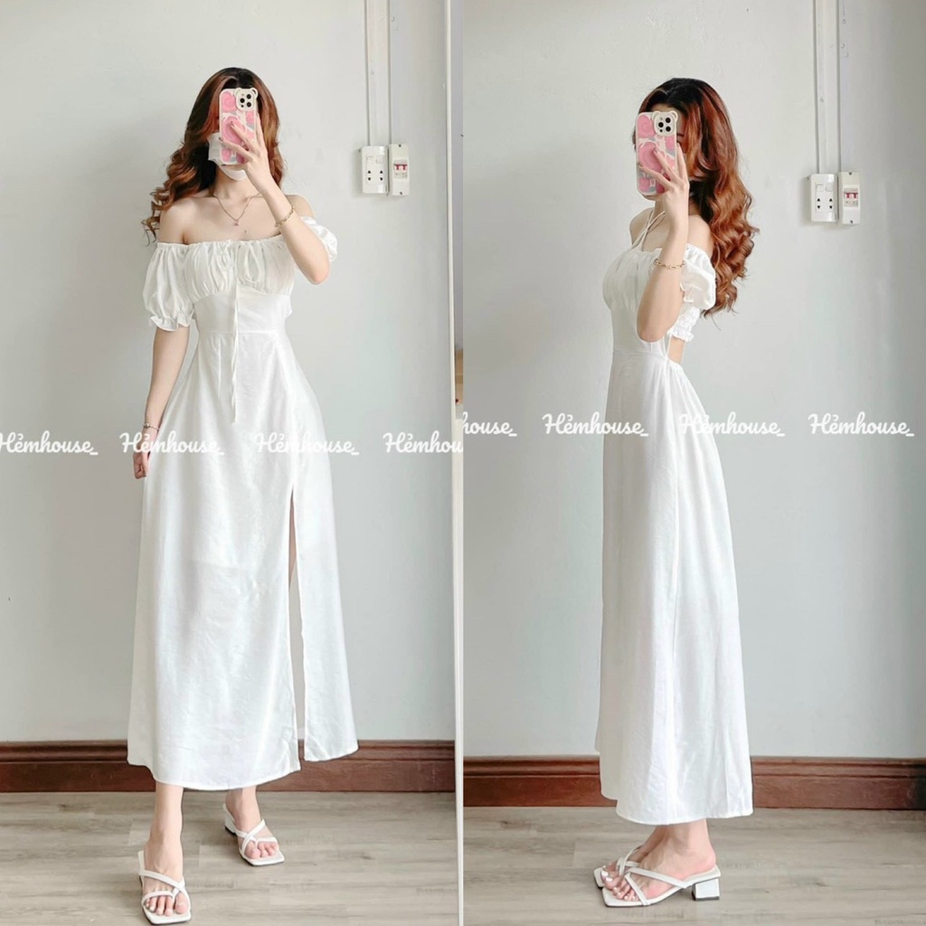 Đầm váy nữ trễ vai cổ giả yếm xếp ly ngực ôm eo xẻ tà hở lưng chất liệu lụa thời trang nữ năng động trẻ trung