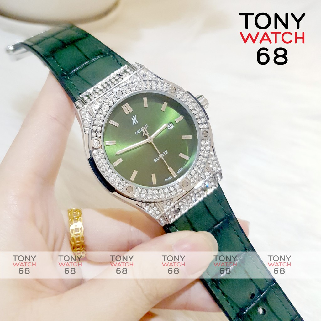 Đồng hồ nam Geneva dây cao su bọc da đính đá khóa thông minh chống nước | BigBuy360 - bigbuy360.vn