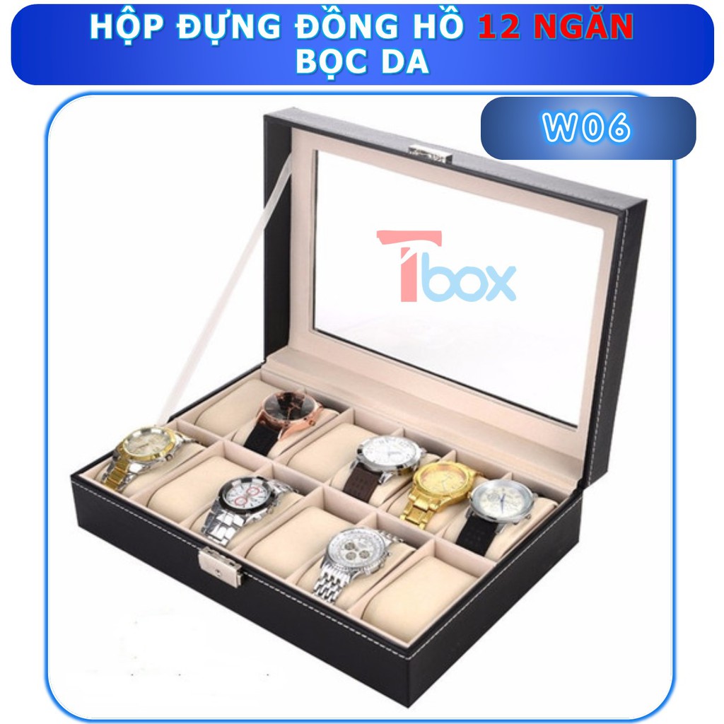 Hộp đựng đồng hồ Hộp đựng 12 đồng hồ trưng bày bằng da mặt trên có kính - loại tốt