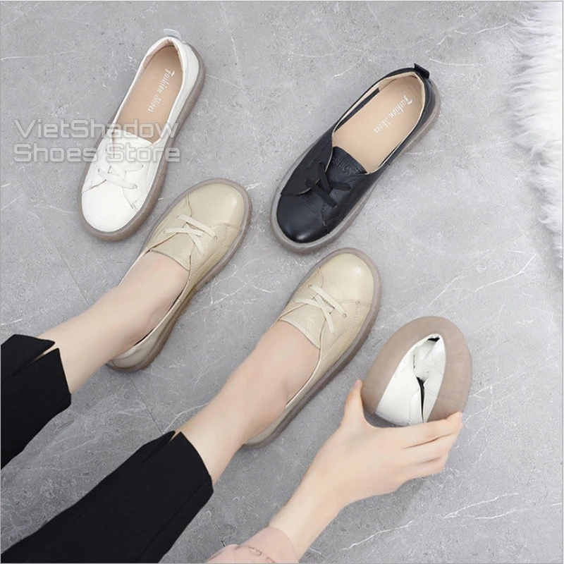 Slip on da nữ - Giày lười da nữ dáng bè - Da bò xịn, 3 màu (be), (trắng) và (đen) - Mã SP 525