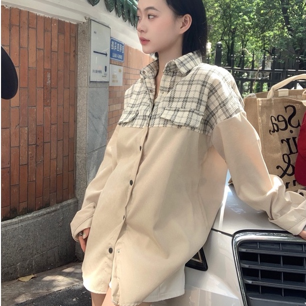 ZHELIHANGFEI Áo Khoác Nhung Kẻ Dài Tay Dáng Rộng Phong Cách Thời Trang Mỹ