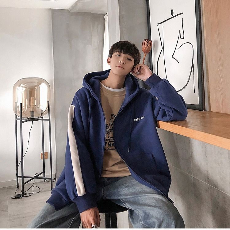 ins Season Áo len có mũ trùm đầu Hàn Quốc Nam Loose Plus Fleece Dây kéo khoác