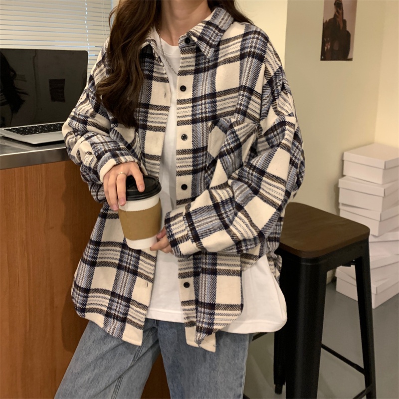 Áo sơ mi ZHELIHANGFEI tay dài form rộng họa tiết sọc theo phong cách đi học dễ phối đồ