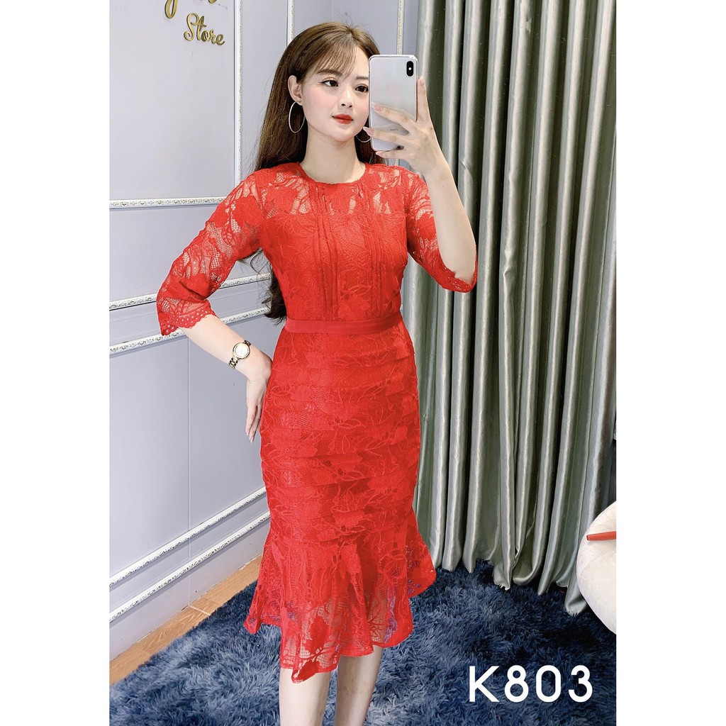 Đầm Công Sở Ren Đuôi Cá Dáng Ôm Body - She Loves K803 Màu Đỏ