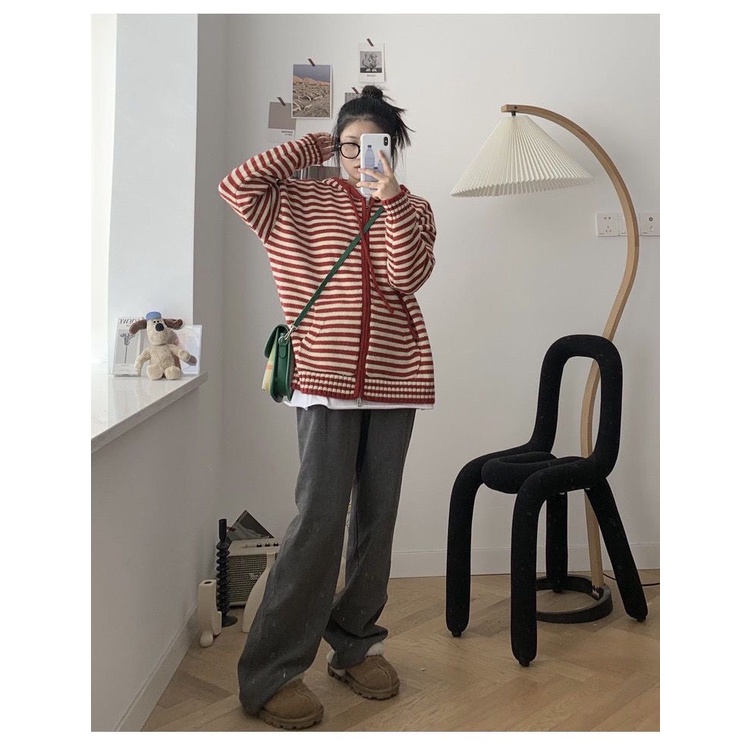 Áo khoác hoodie len dệt kim kẻ ngang dày dặn thiết kế mới thu đông 2023