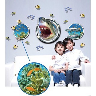 Miếng dán tường hình cá mập 3D, dễ chùi rửa