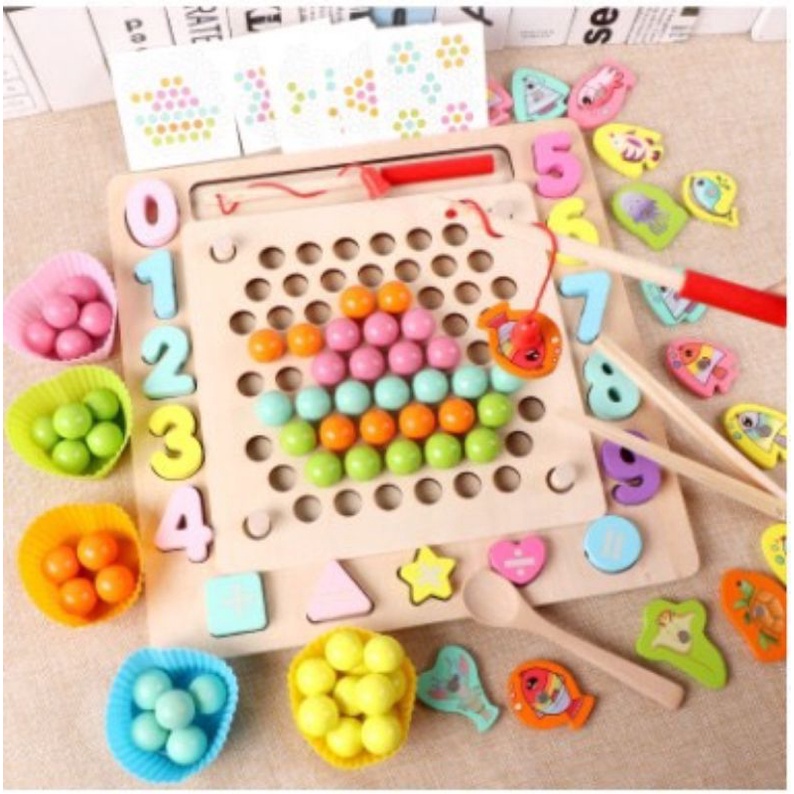 BỘ THỰC HÀNH KỸ NĂNG GẮP MÚC BI VÀ CÂU CÁ BẰNG GỖ