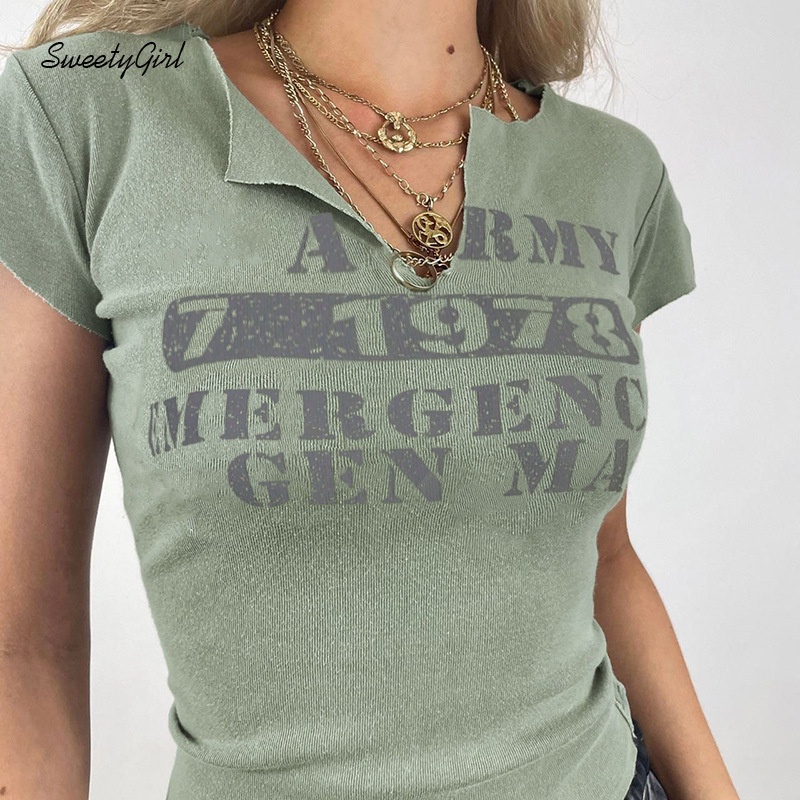 Áo Thun Ngắn Tay Cổ Chữ V In Chữ Thời Trang 2022 Cho Nữ