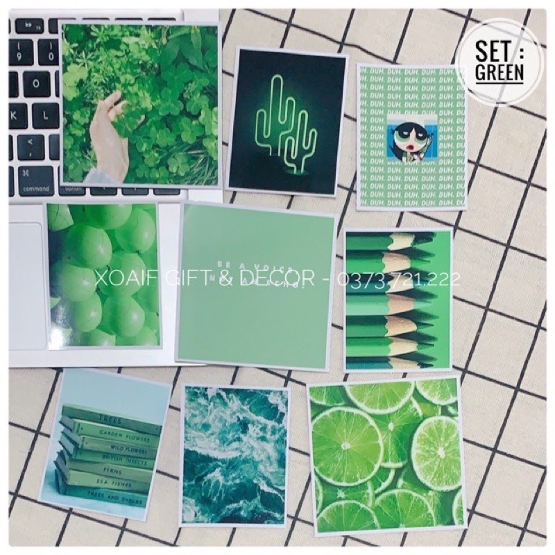 [ FreeShip ] Set 9 tấm thiệp postcard XANH LÁ GREEN có sẵn decor trang trí phòng cực xinh