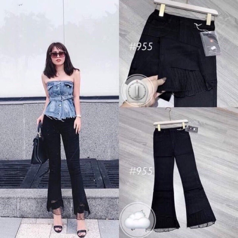 Quần jean loe phối ren gấu