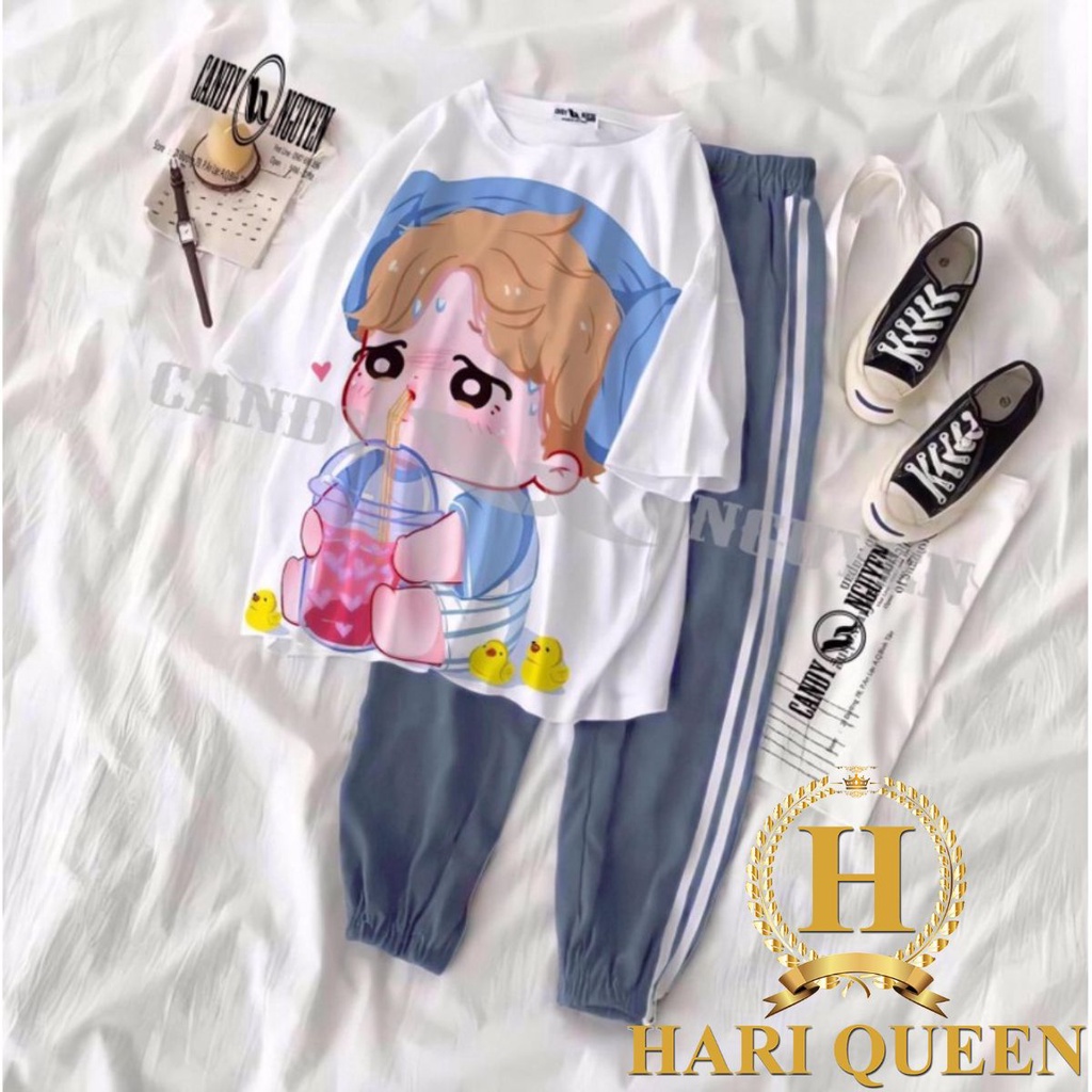 Sét áo phông em bé uống nước + quần 2 sọc chun gấu xám HARIQUEEN