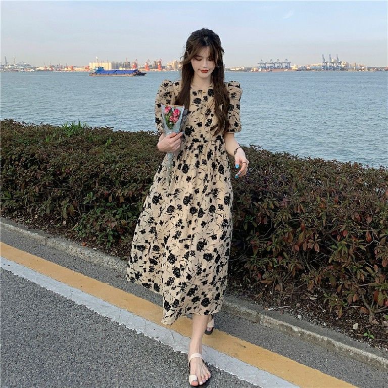 Đầm Dài Tay Phồng In Họa Tiết Hoa Phong Cách Hàn Quốc Cổ Điển Dành Cho Nữ