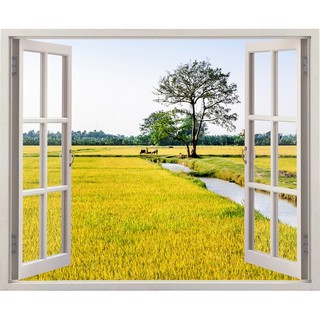 Tranh dán tường cửa sổ 3D cảnh đồng lúa vàng VTC VT0088 kim sa