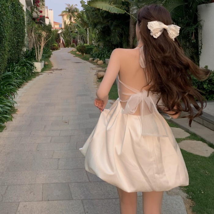 Váy Trắng Nữ Babydoll Tiểu Thư Y09 Dáng Phồng Phối Dây Voan, Hở Lưng Cột Nơ Quyến Rũ