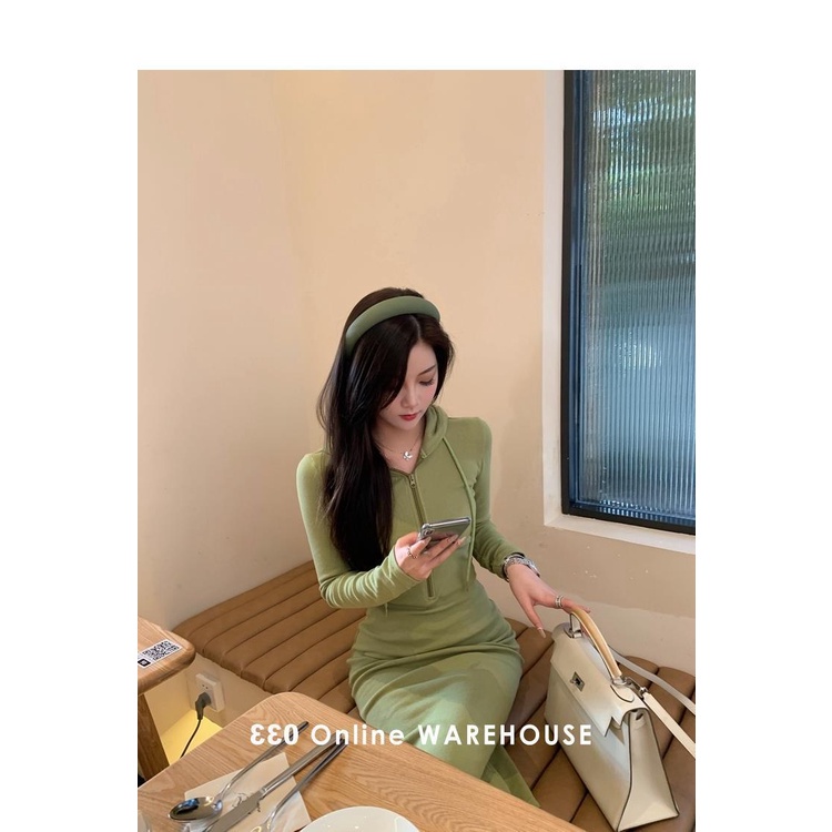 COZOK Đầm hoodie tay dài phối khoá kéo