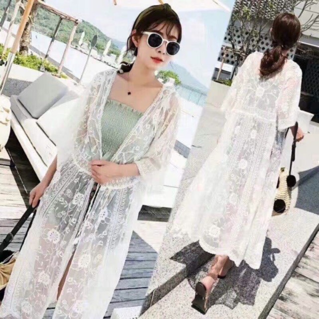 Áo choàng ren biển dáng dài qua gối kiểu hoa tròn (~120cm) 1093#