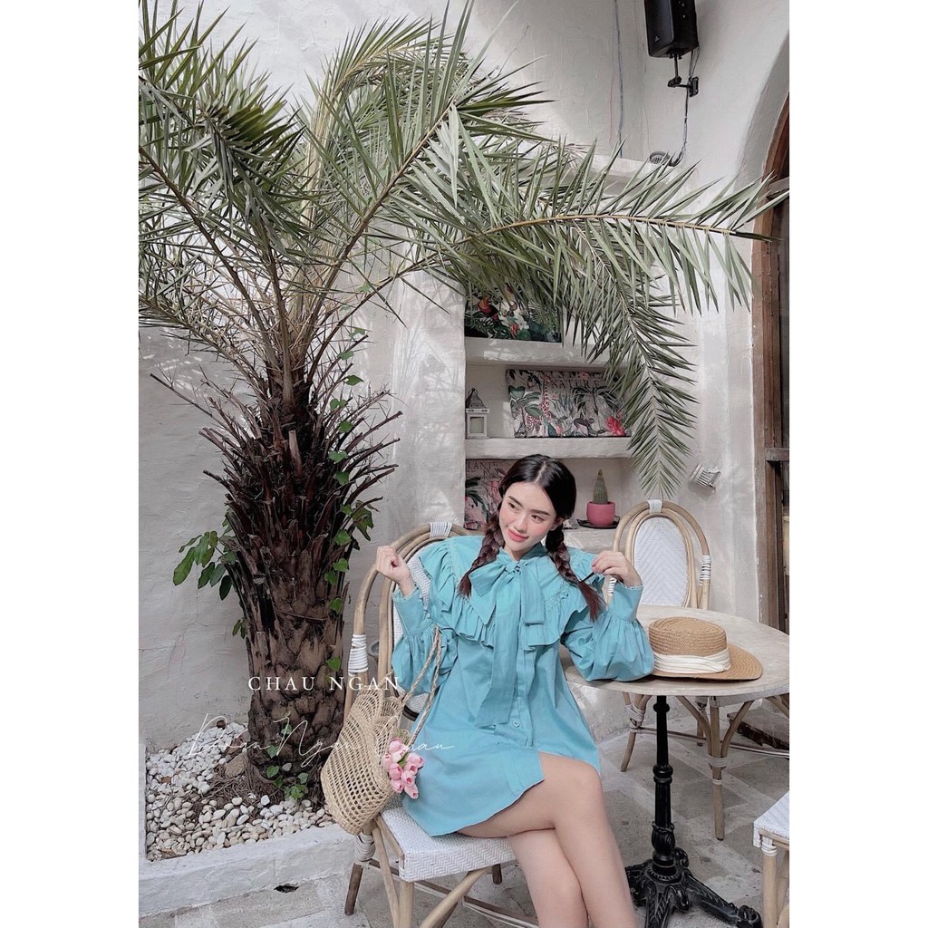 VÁY ĐẦM SƠ MI DÁNG SUÔNG CỔ NƠ PHỐI BÈO CỰC XINH