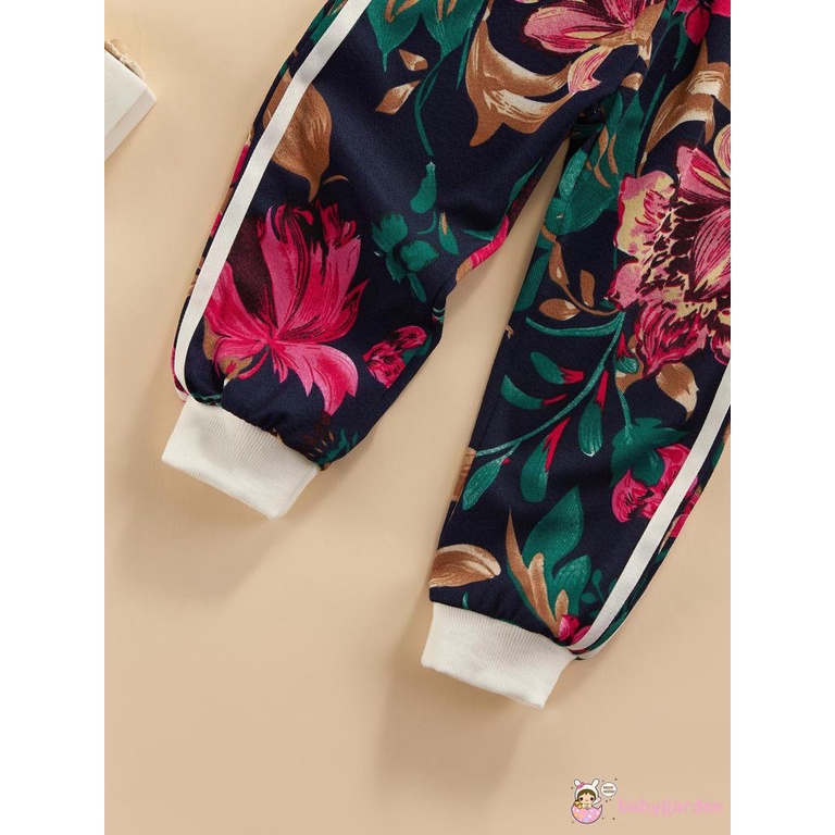 Set áo khoác tay dài cổ tròn in họa tiết hoa + quần dài thời trang mùa thu cho bé gái