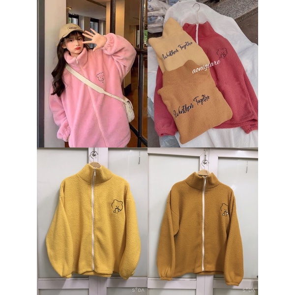 Áo Khoác Lông Cừu Thêu Gấu Nữ [FREESHIP] 🌸 Jacket nỉ bông form rộng tay bồng siêu ấm màu HỒNG | VÀNG | NÂU Ulzzang 🌸