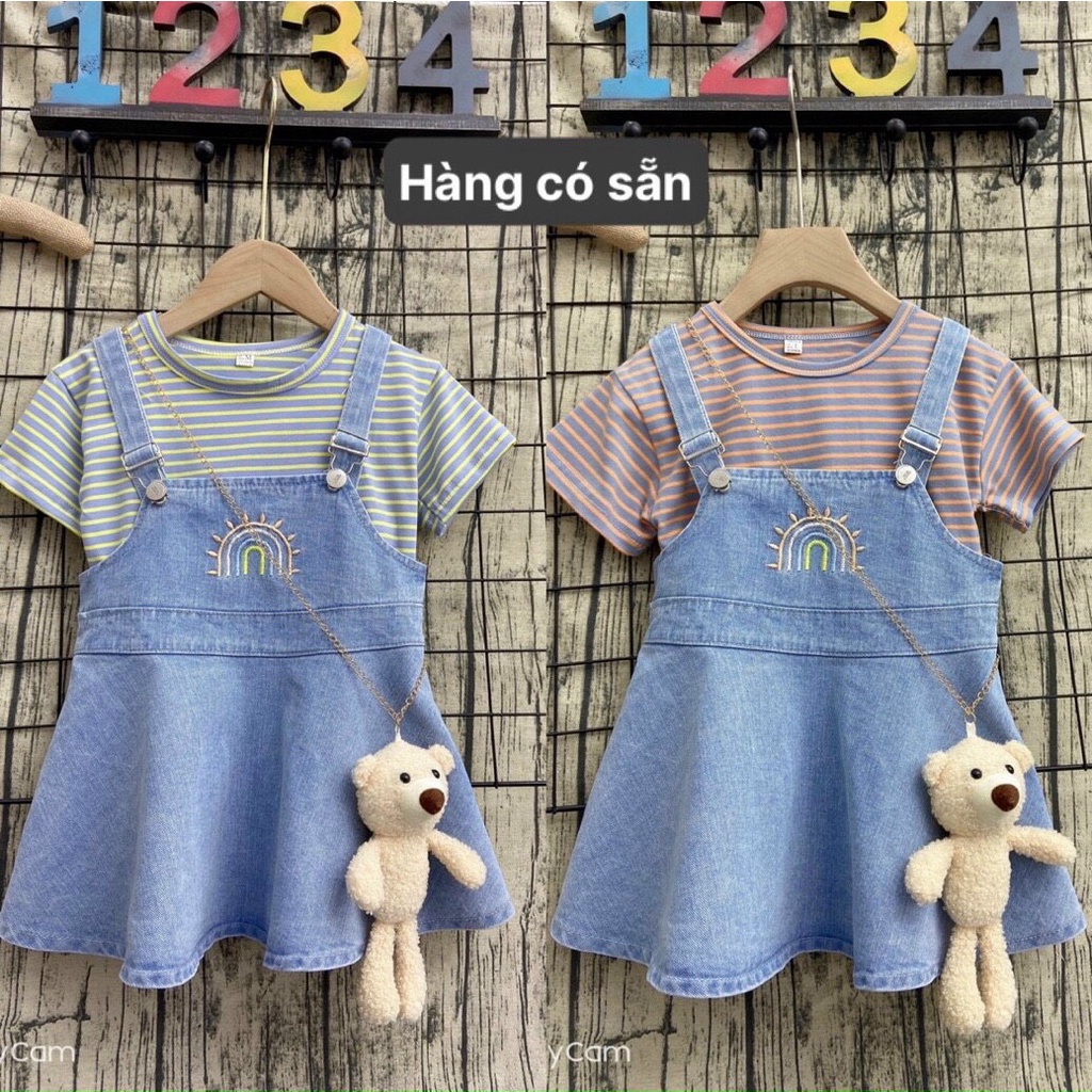 Sét Váy Đầm Yếm jean Bé Gái kèm áo thun sọc kèm gấu Size trung 4-6 tuổi